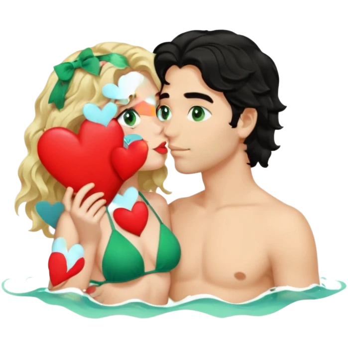 Blonde girl Green eyes wavy hair Green Bikini whole body Kissing man black Hair blue eyes Hearts in Body Background beach emoji