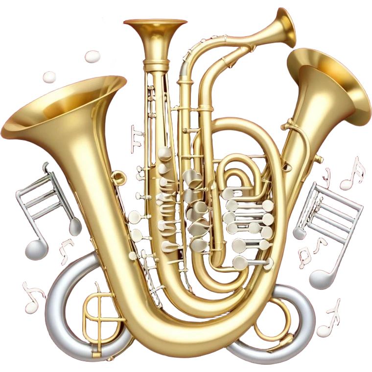 Create a festive and elegant emoji collage featuring a bouquet or fan of bells of wind instrument  (trumpets, saxophones, trombones, tubes, etc.) arranged in a radiant, symmetrical pattern. The instruments should have polished, golden and silver finishes, with their large, shiny bells forming a beautiful, fan-like display. Include a flowing ribbon of musical notes swirling through the center, conveying movement and melody. The background should feature a deep red velvet texture, adding a touch of luxury and sophistication. The overall composition should be balanced, with an elegant and regal feel, with a transparent background to keep focus on the instruments and musical elements. emoji