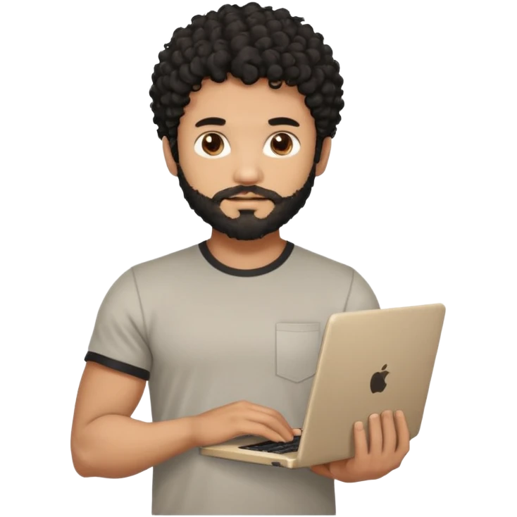 men holding his computer in hands. light brown skin men with curly black hair, dark brown eyes, little grown beard. ust a tiny bit muscular. dressed casual. round face. Dont Apple book  emoji