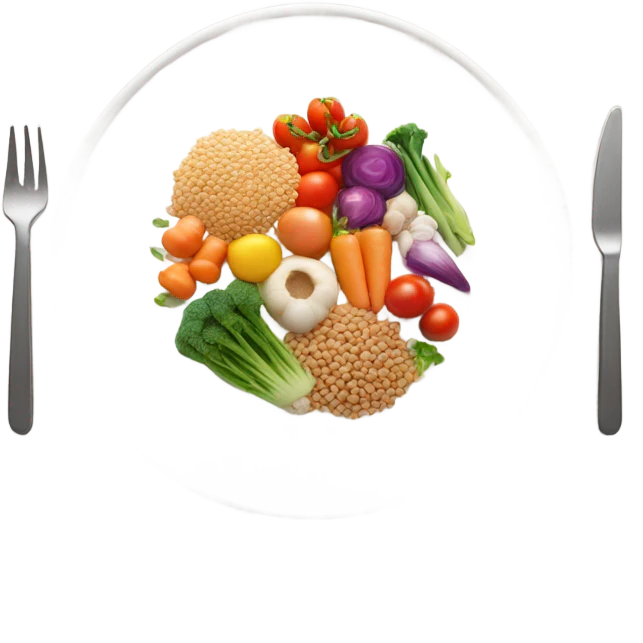 round white plate with healthy food emoji