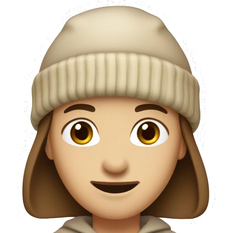 A person with medium-length brown hair, beige beanie, brown eyes, soft smile. No body only head, face. emoji
