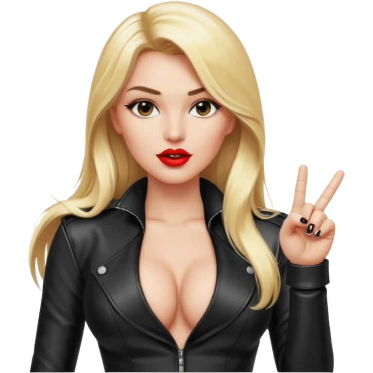 a hott good looking blonde with large breasts, red lips, and long blonde hair with leather sexy outfit and leather high heel boots and she is saying fuck you by giving the universal sign with her middle finger emoji