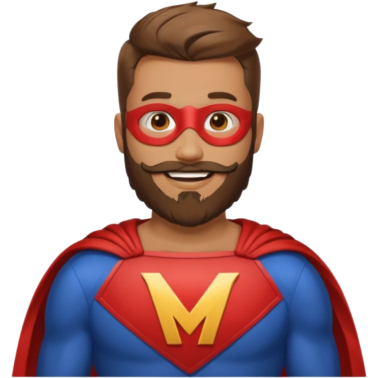 бородатый мужчина в костюме супер героя с буквой М  на груди без маски веселится  emoji