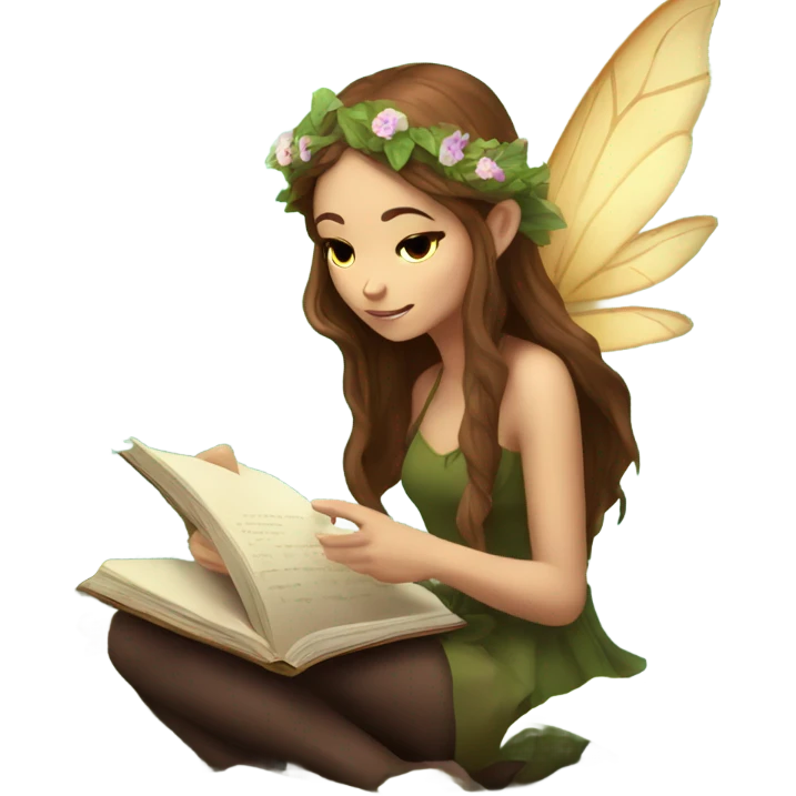 female forest fairy, wings, pointed elf ears, long brown hair, reading, stack of books, vines, flowers emoji