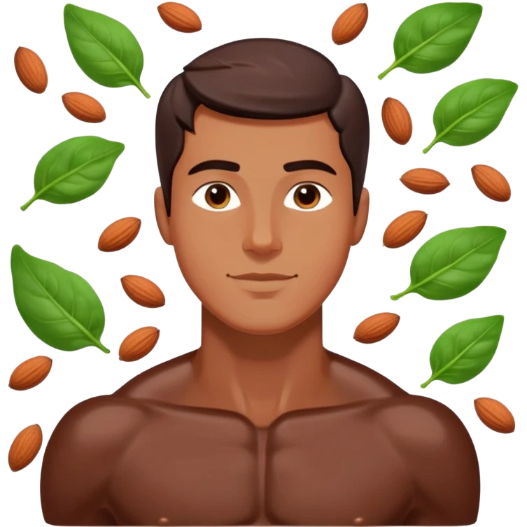 Relaxed male figure surrounded by floating foods: large pieces of shiny dark chocolate prominently displayed, with spinach leaves, almonds, and seeds. Soft light connecting these magnesium-rich foods to muscles and nervous system, showing a soothing effect on the man's body. emoji