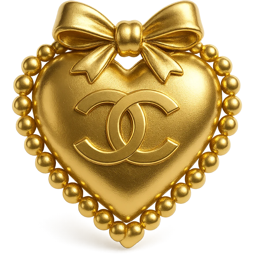 Chanel heart in metallic gold style with a bow and pearls, feminine and elegant emoji