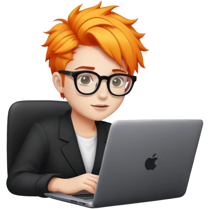 young freelancer with bright hairdo and glasses with thick black frames works on laptop emoji