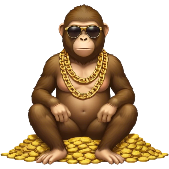 ape with big golden chain on the neck wearing sunglasses sitting on the big pile of gold coins  full height. emoji