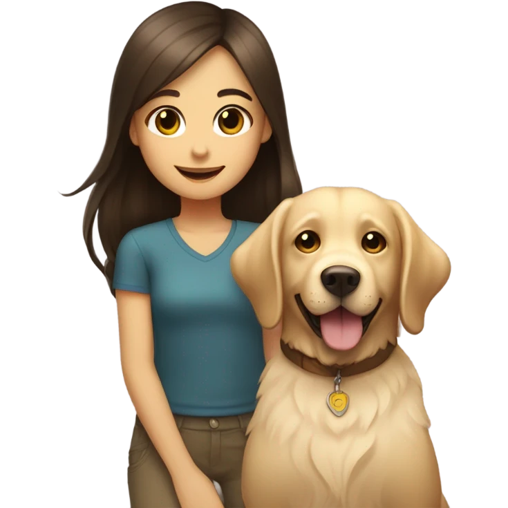 Smiling girl with long dark brown hair next to a small shaggy golden Labrador dog with brown eyes emoji