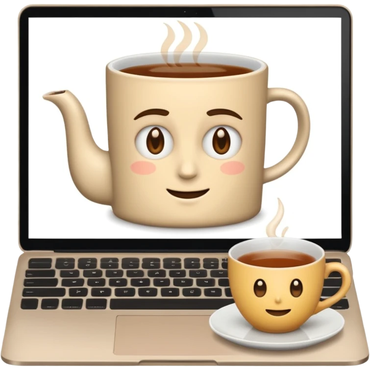 laptop, screen shows neutral face, cup of tea next to it emoji