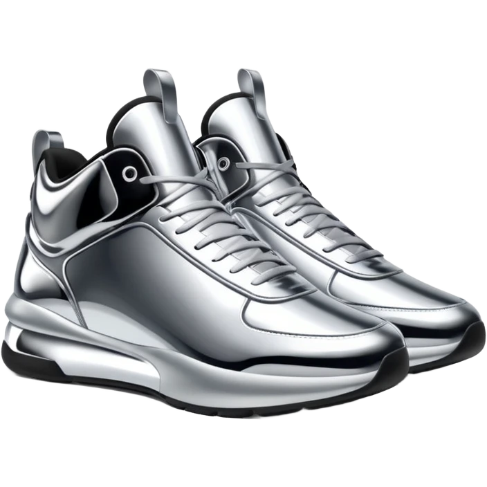 A pair of futuristic sneakers emoji made of silver chrome, sleek streetwear design, smooth metallic panels, subtle reflections, luxury swag aesthetic, iOS emoji style, centered, clean white background emoji