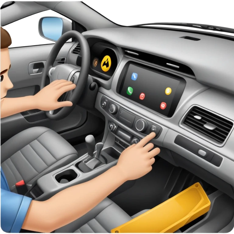 hands removing car dashboard panel, disassembling car interior emoji