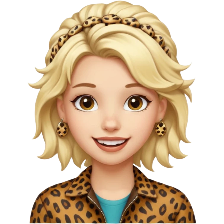Une fille blonde et joyeuse. Elle porte une coiffure rock et originale avec des barrettes léopard et motif peau de vache. emoji