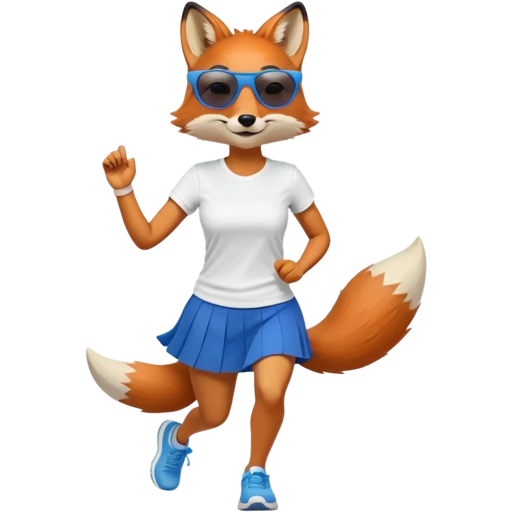 friendly anthropomorphised female fox in skirt and t-shirt, wearing dark sunglasses, jogging upright in relaxed pose emoji