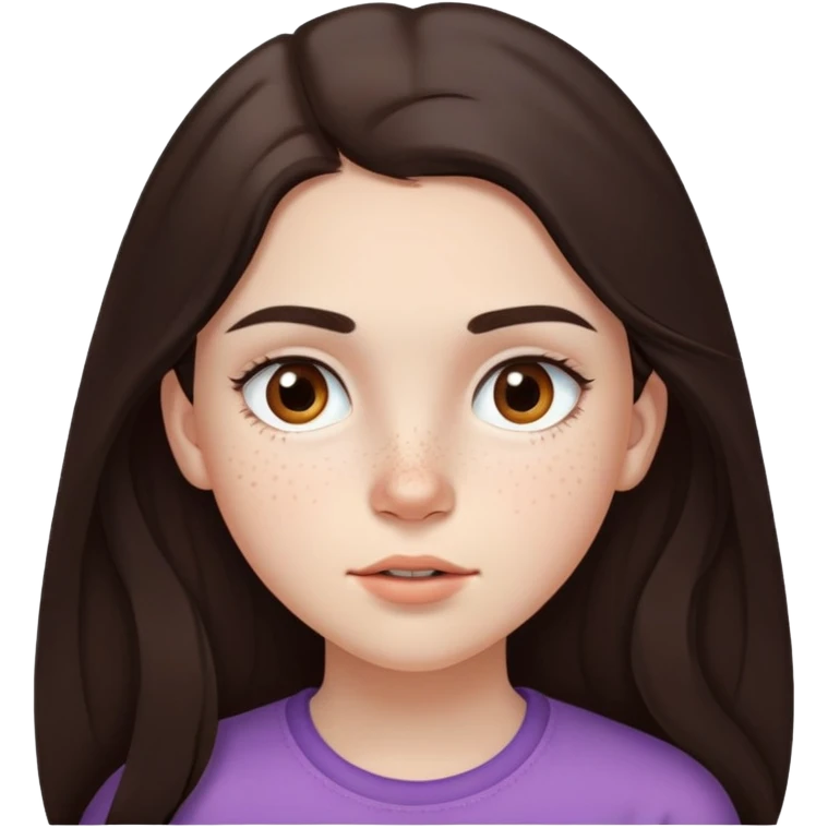 A 12-year-old girl with very long dark brown hair, light brown eyes, thick eyebrows, slightly big lips, with only two freckles - just one small freckle on her cheek and one small freckle under her eye emoji