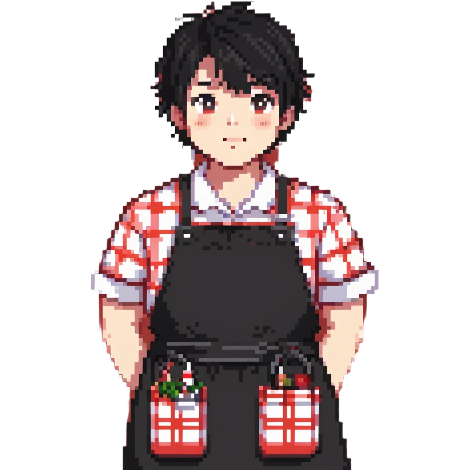 chubby boy with black hair styled upward in front, wearing a red and white checkered plaid apron emoji
