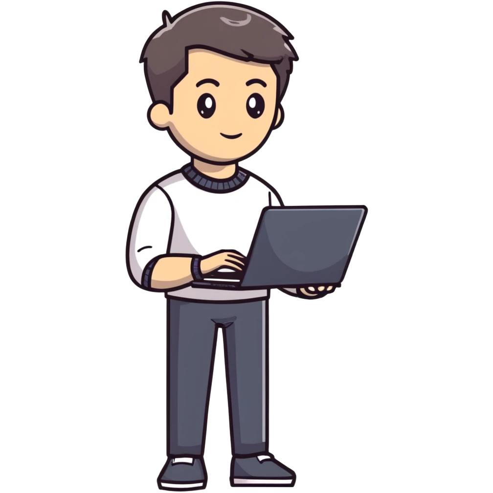 full body male teacher with attractive handsome face and stylish modern haircut in casual clothes holding a laptop emoji