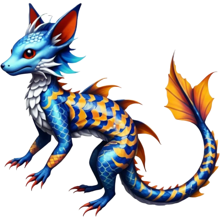 Edgy badass swimmy wet painted intricate ornate Japanese Asian koi-Sergal-Lykoi-Linoone-Electrike-Linoone-Vaporeon-fusion-hybrid-animal-Fakémon-creature, full body, thin long sleek scaly tail, intricate markings emoji