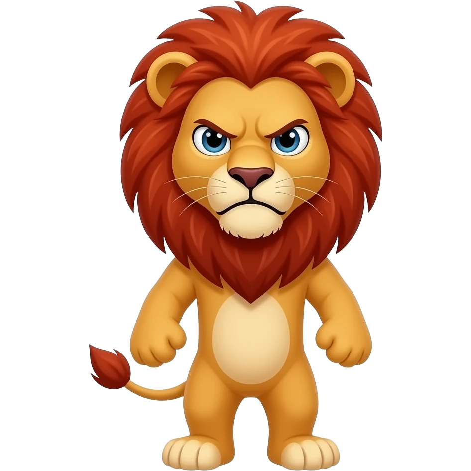 A little red lion standing up, with red legs, a red body, and red arms, looking at us with a very frustrated expression emoji