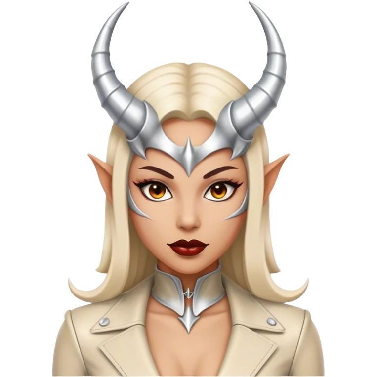visually stunning image of an extremely detailed devil woman in a skin tight suit of light colored leather and intricate silver devil horns emoji