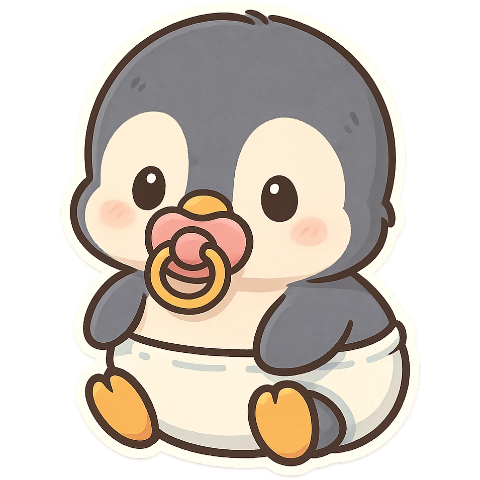 baby penguin in a diaper, holding a pacifier in its beak, adorable and soft look emoji