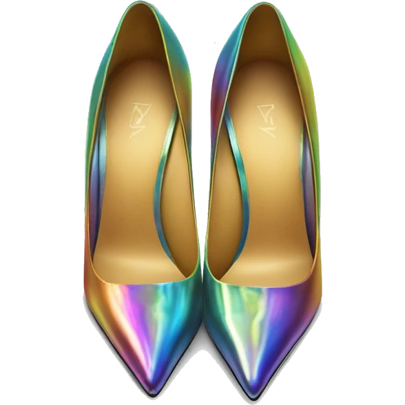 Realistic isolated top view of a pair of metallic rainbow iridescent  pointed toe high heel shoes. emoji