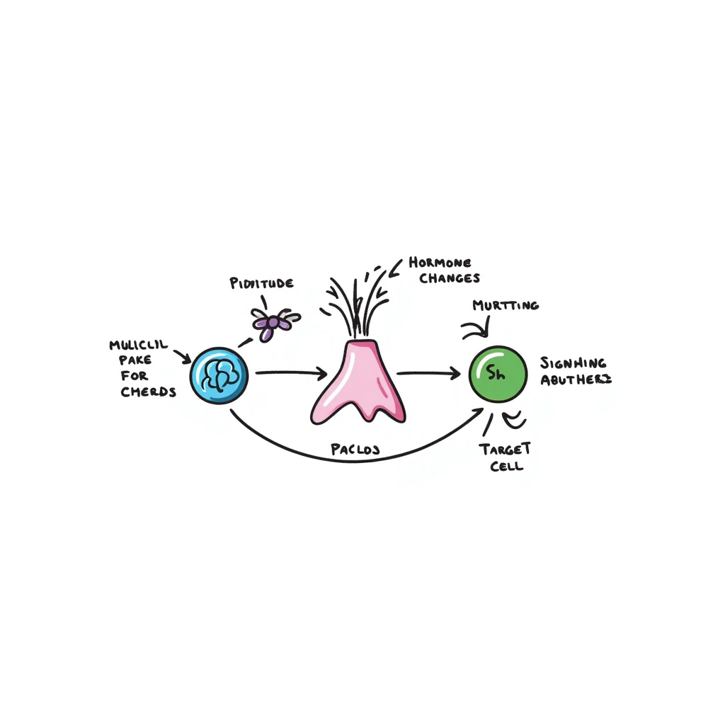 Hormone pathway illustration: pink endocrine gland releasing purple hormone molecules traveling through blue bloodstream to reach green target cells. Hand-drawn diagram showing molecular binding and resulting cellular changes with labeled parts and colorful signaling cascade. emoji