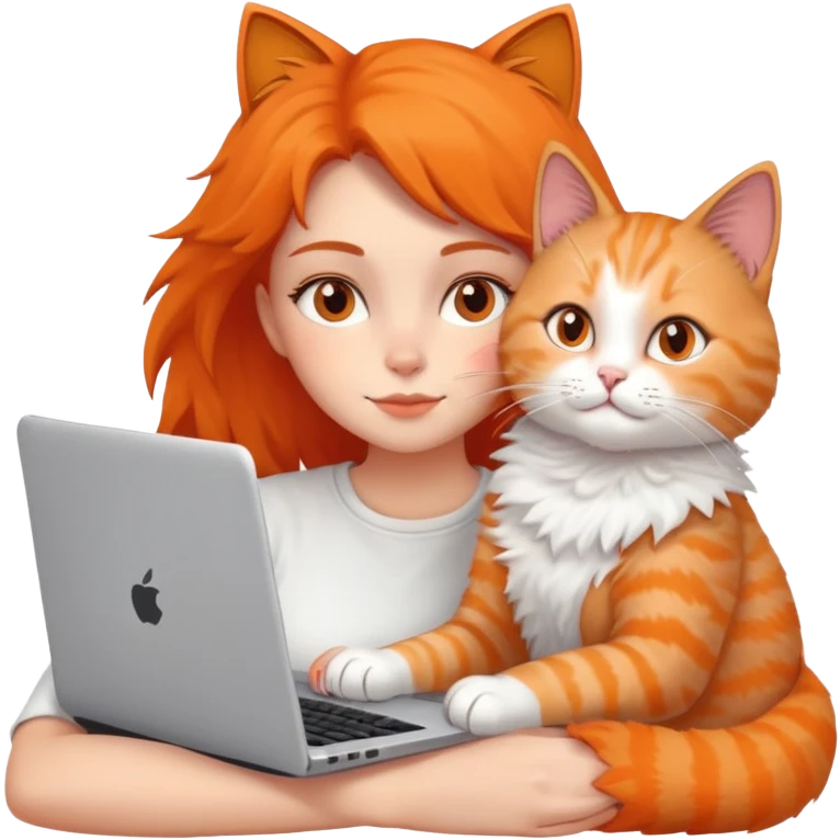 A girl is working on a laptop with a cat lying next to it emoji