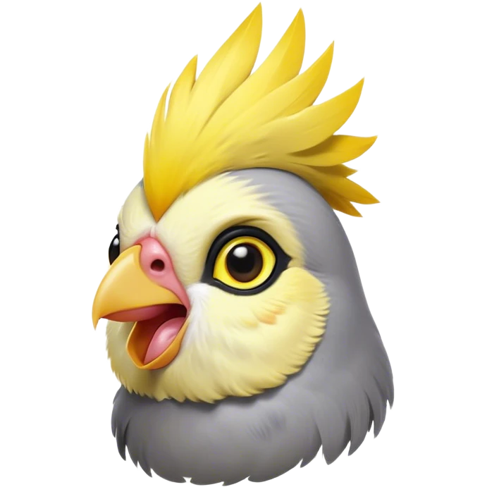 Cinematic Comical Cockatiel Portrait Emoji, Head tilted dramatically with an exaggeratedly amused expression, featuring a striking grey fur with bold yellow accents and a flamboyant crest, wide, expressive dark eyes filled with playful disbelief, Simplified yet hilariously expressive features, highly detailed, glowing with a slightly sassy glow, high shine, dramatic yet playful, stylized with an air of cheeky mischief, bright and endearing, soft glowing outline, capturing the essence of a spirited and over-the-top cockatiel, so meme-worthy it feels like it could side-eye its way into internet fame instantly! emoji