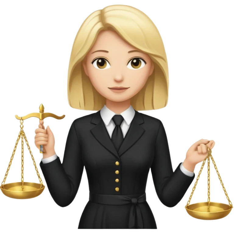 woman lawyer blanche et blonde avec des cheveux mi-long; elle est habillée avec une longue robe noire et une cravate blanche; elle est victorieuse en portant la balance de la justice emoji