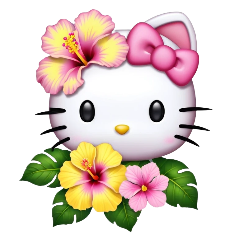 yellow and pink hibiscus flower and hello kitty emoji