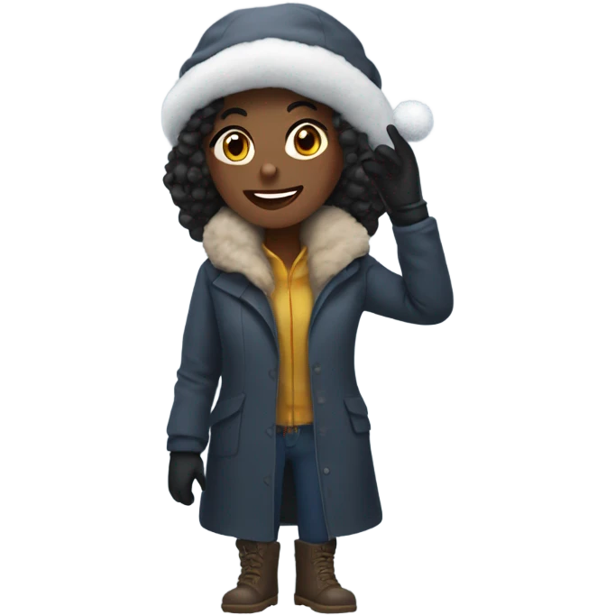 Black girl covered in snow wearing a hat , coat and gloves  emoji