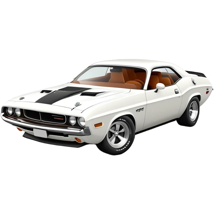 Elegant white 1971 Dodge Challenger muscle car, precise 30-degree perspective view, showing detailed front fascia and profile, clean lines, completely white exterior, iOS emoji style emoji