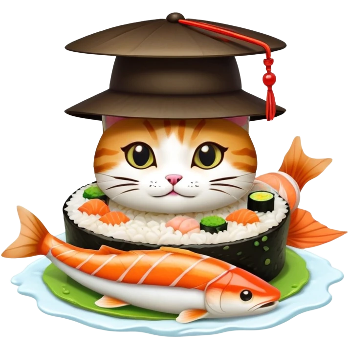 cat wearing a sushi hat with rice base, multiple fish pieces on top, wasabi accent, and lots of soy sauce heavily dripping down the sides, abundant sauce flowing from sushi hat emoji
