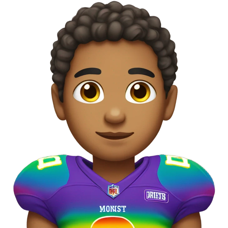 Lightskin boy with earrings wearing rainbow football jersey emoji