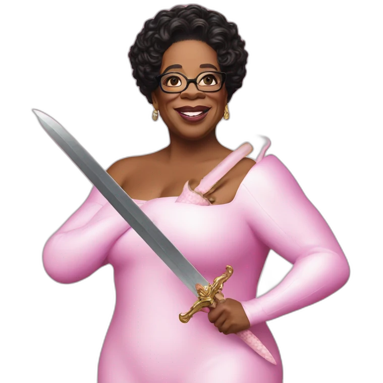 Oprah is mr blobby with a sword eating a live cow emoji