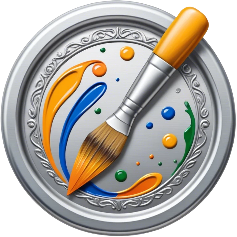 Metal painting icon, intricate hand-painted metal surface with detailed patterns, visible paintbrush, metal tools, vibrant enamel or acrylic paints, finished artwork and the painting process, minimalistic style, clean lines, transparent background. emoji