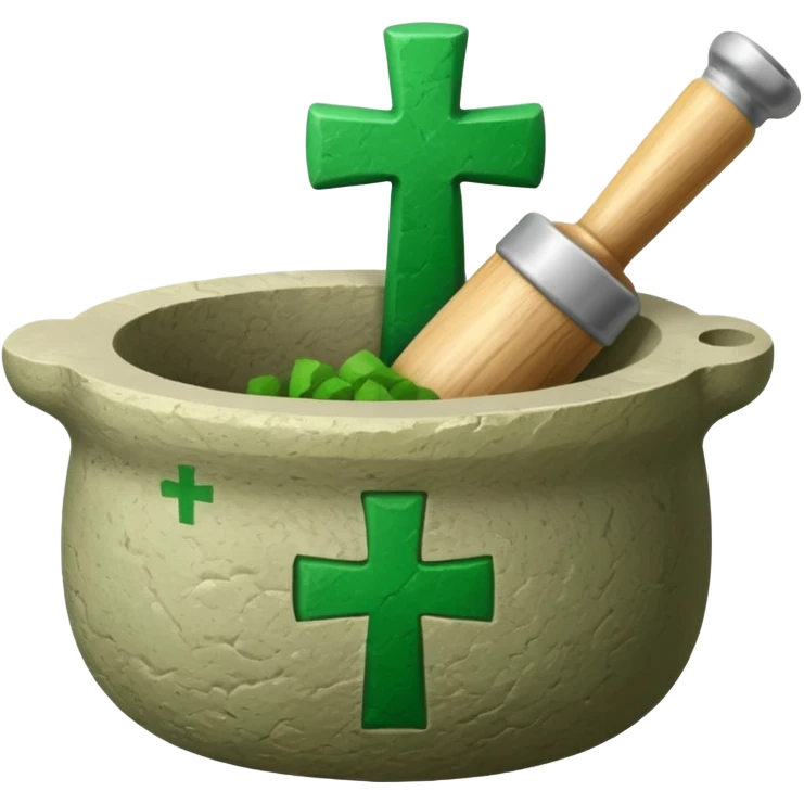 mortar with pestle, with green cross on mortar emoji
