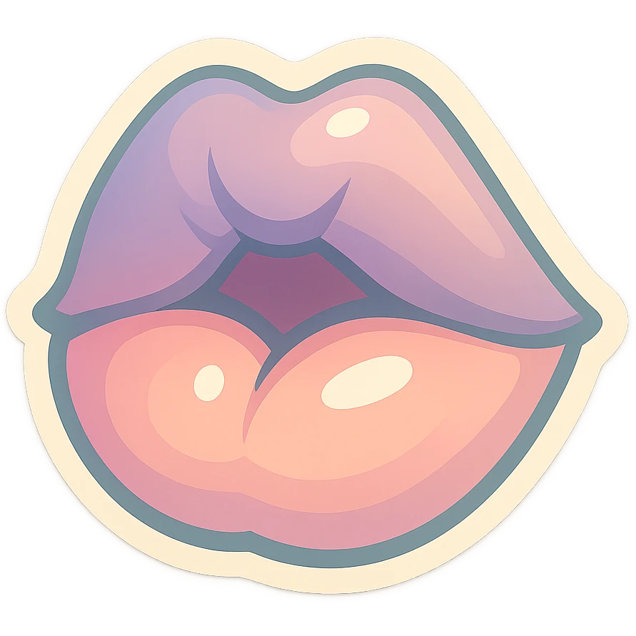 Lips with a half-open mouth kissing the screen, looking straight ahead, with clear color transitions from light to dark, expressive shadows and highlights, in retro-stickers style with thin clean contours, soft rounded shapes, pastel palette #98B5BC, #B5B3C1, #C9A3C9, #E4C0CA, #F7DCD1, #F7C0AA, transparent background, no decorative elements. emoji