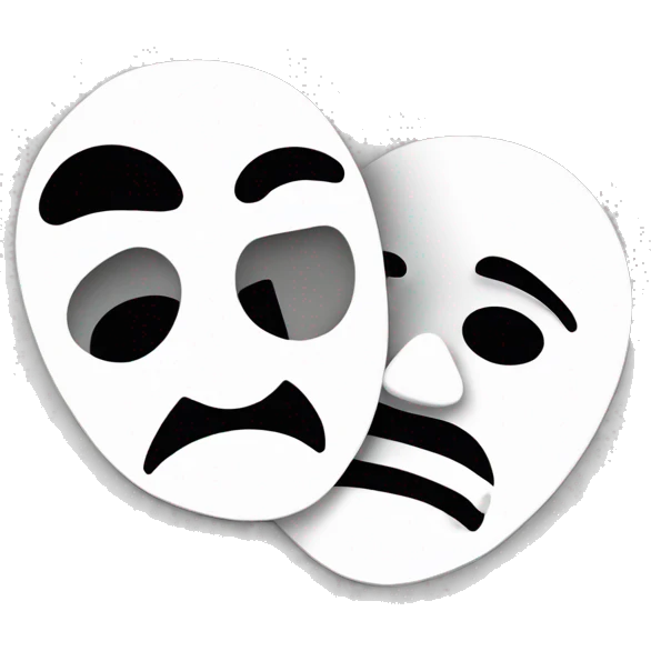 2 dimensional tragedy and comedy masks next to each other, black and white and only outline emoji