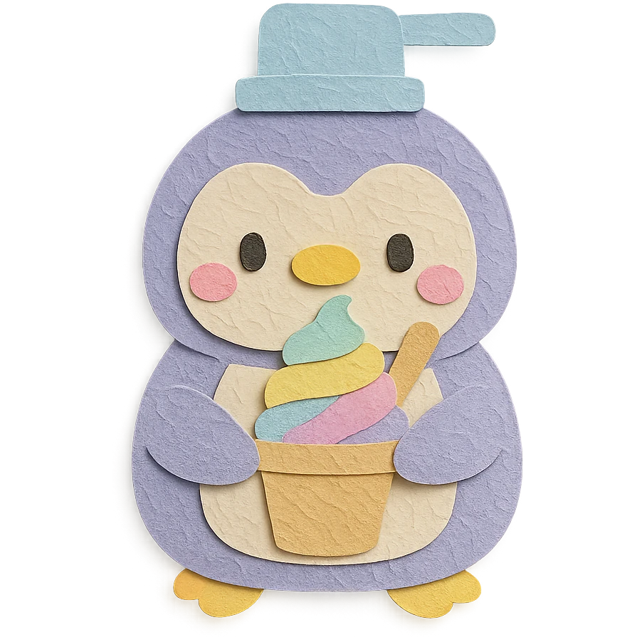 chibi ice cream maker-penguin hybrid, fluffy, making pastel rainbow ice cream, pastel colors, full-body emoji