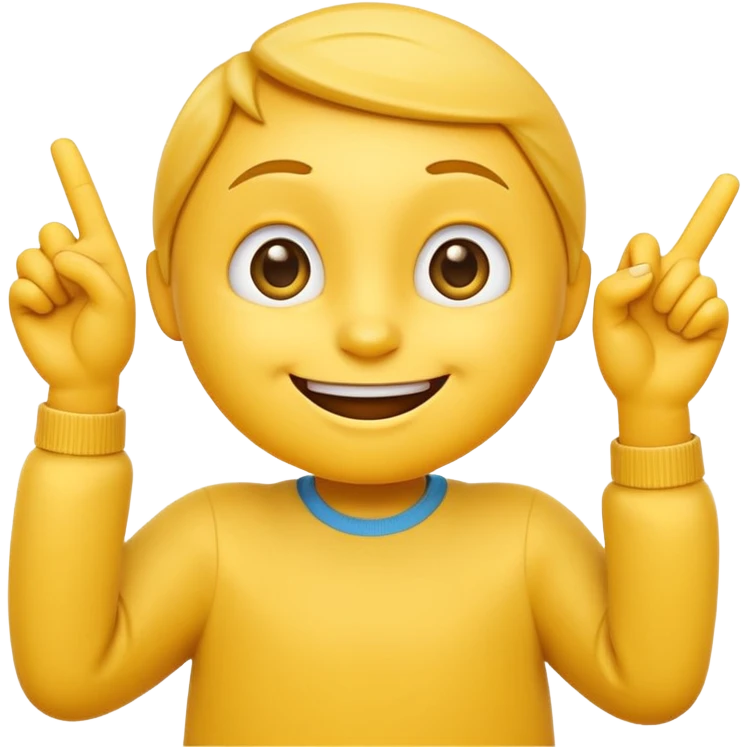 A 2D cartoon-style yellow emoji with a mischievous smile, shaped eyes, and both hands pointing upward with index fingers.  clean digital style, and a fun, dancing expression. Style similar to children’s drawing tutorials, dancing expression. No background, isolated on white.  emoji