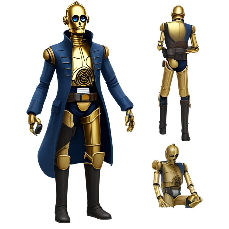 bounty hunter tarnished undercover tough well-equipped Jedi  life-sized darkblue-pearl C3po leather vest clothing pants and vest old west duster coat holding light saber sheriff emoji