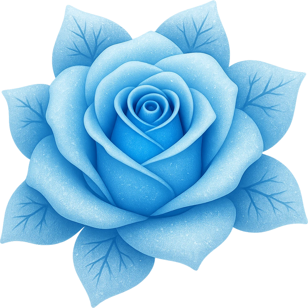 Create an emoji style image of a blue icy rose with a gradient color effect and no background. Maintain the emoji style look with smooth gradient colors transitioning on the petals and icy texture. emoji
