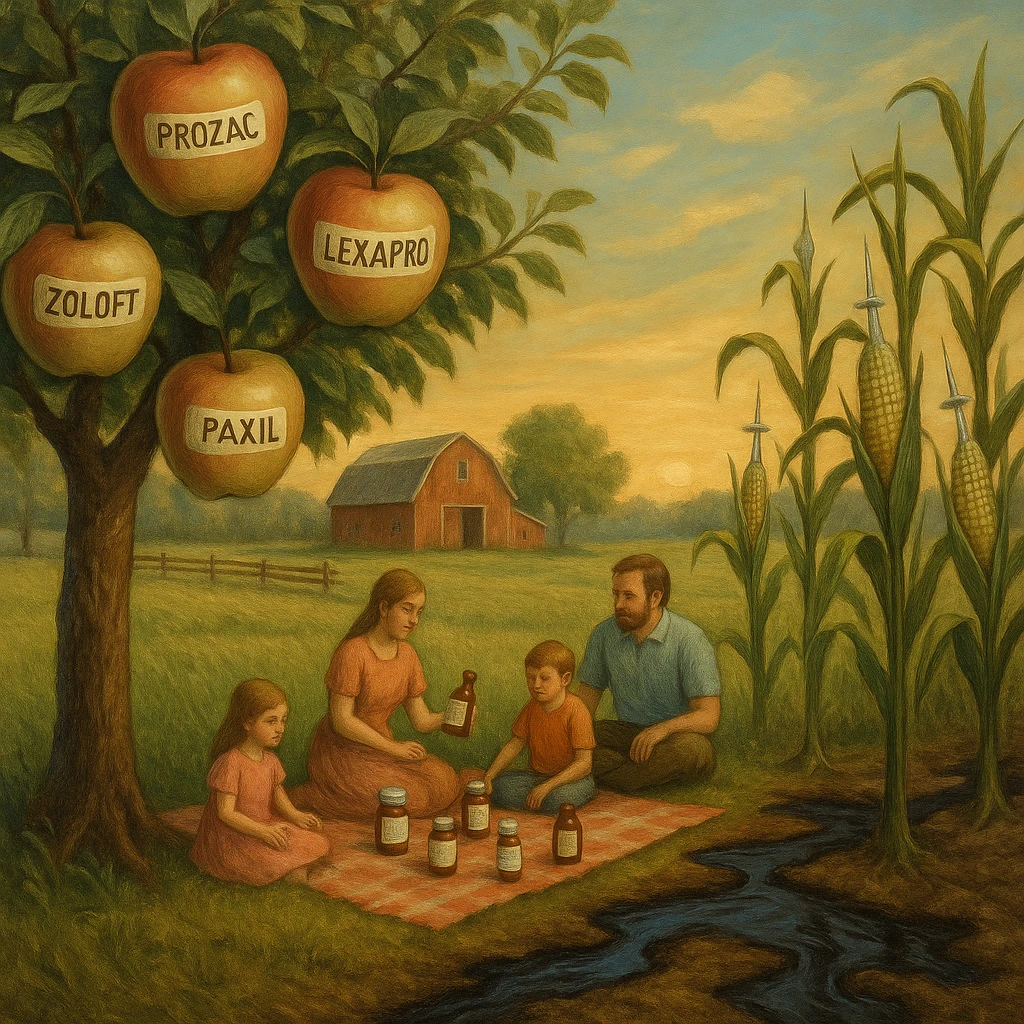 serene farm with apple trees bearing antidepressant-labeled fruit, corn stalks growing syringe cobs, soil leaking oil, a family picnics not noticing their food transforming into pharmaceutical bottles, tranquil yet disturbing atmosphere emoji