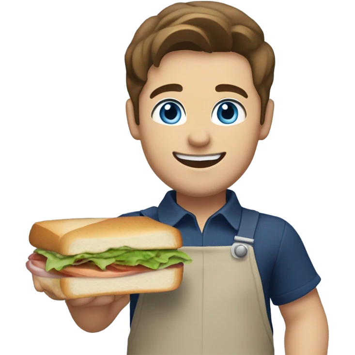 Male with brown hair and blue eyes worker with white shirt and navy apron with khakis and hat holding a sandwhich emoji
