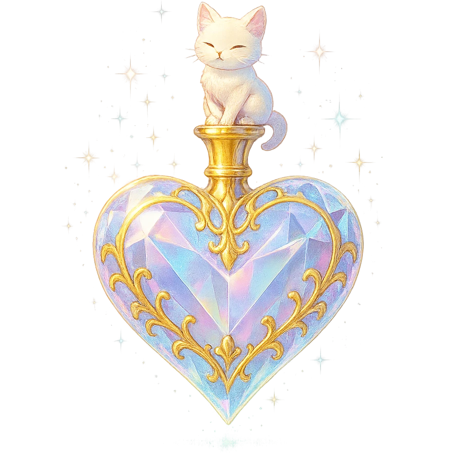premium class crystal elixir bottle in heart shape, pastel gradient, lots of glow, edges, ornaments, golden details, magical effects, very small golden neck, transparent background, beautiful merging bottom, clearly floating in air, no base or shadow, very luxurious, matching collection, small cat sitting on top emoji
