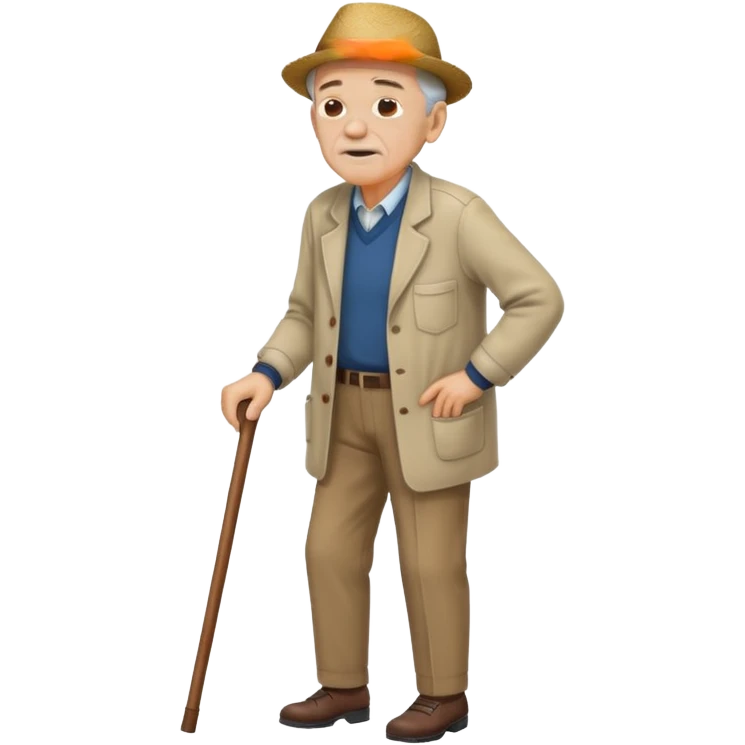 An old men leaning on a single cane walking with the other hand on his back to express back pain emoji