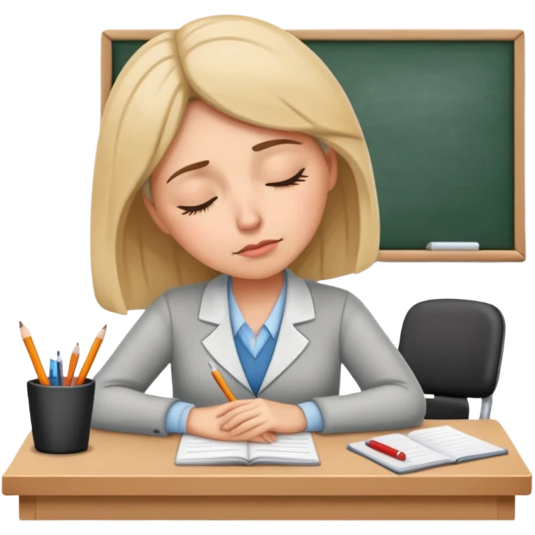 Tired woman teacher asleep at desk, classroom setting emoji
