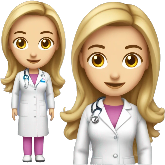Mujer joven medico, de cabello rubio largo con fonendoscopio rosado y delantal blanco emoji